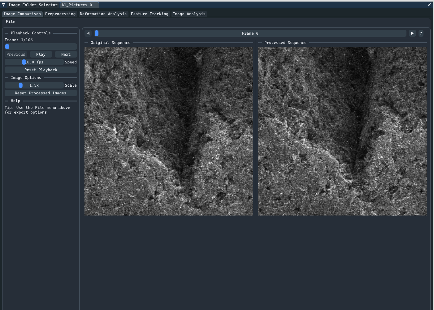 Screenshot of the C++ Enhanced UI showing SEM images, displacement maps, and strain visualization side by side.