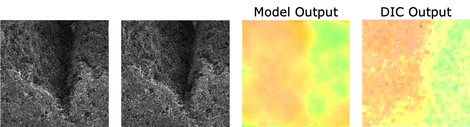 Side by side: DIC output vs ML model displacement field on the same SEM sequence.
