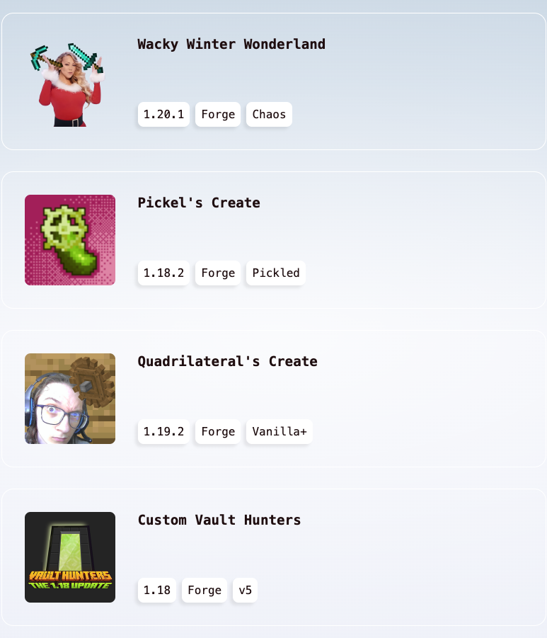 Screenshot of Crafting Comrades Website Mod Packs Page.