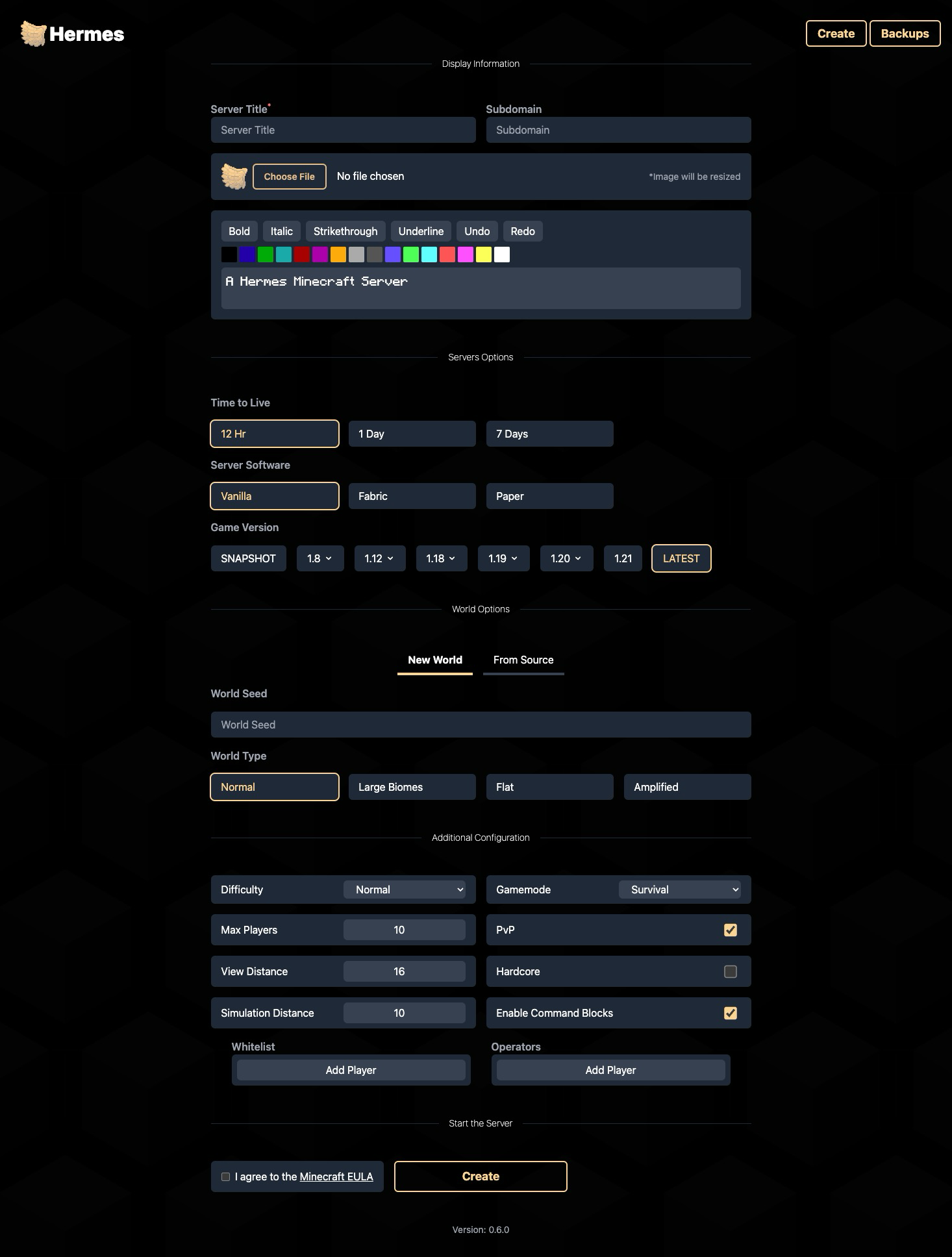 Server Creation Form Screenshot.