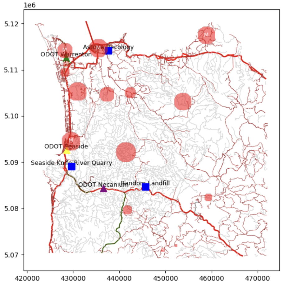 Clatsop County road network graph derived from GIS shapefiles, showing depot locations and a sample disaster event.