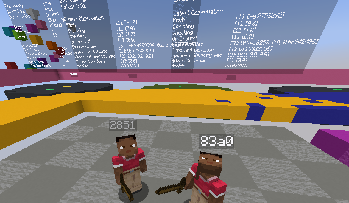 The in-game 3D debug UI showing floating tensor values, action probabilities, and reward signals above the agents.