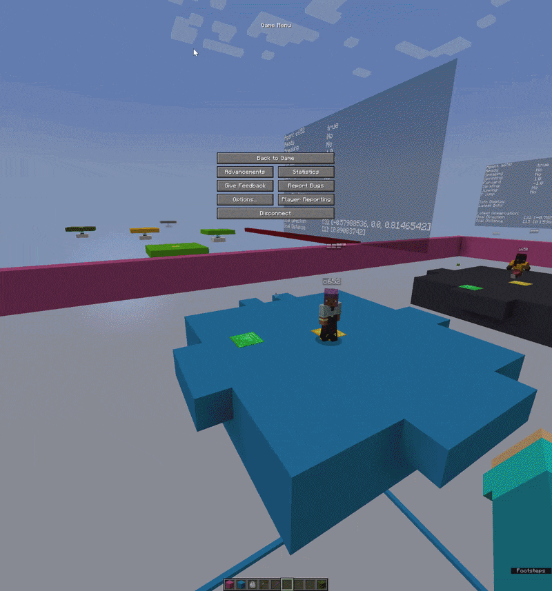 The agents training in Minecraft with the in-game debug UI visible. They start at the gold block and walk to the emerald block.