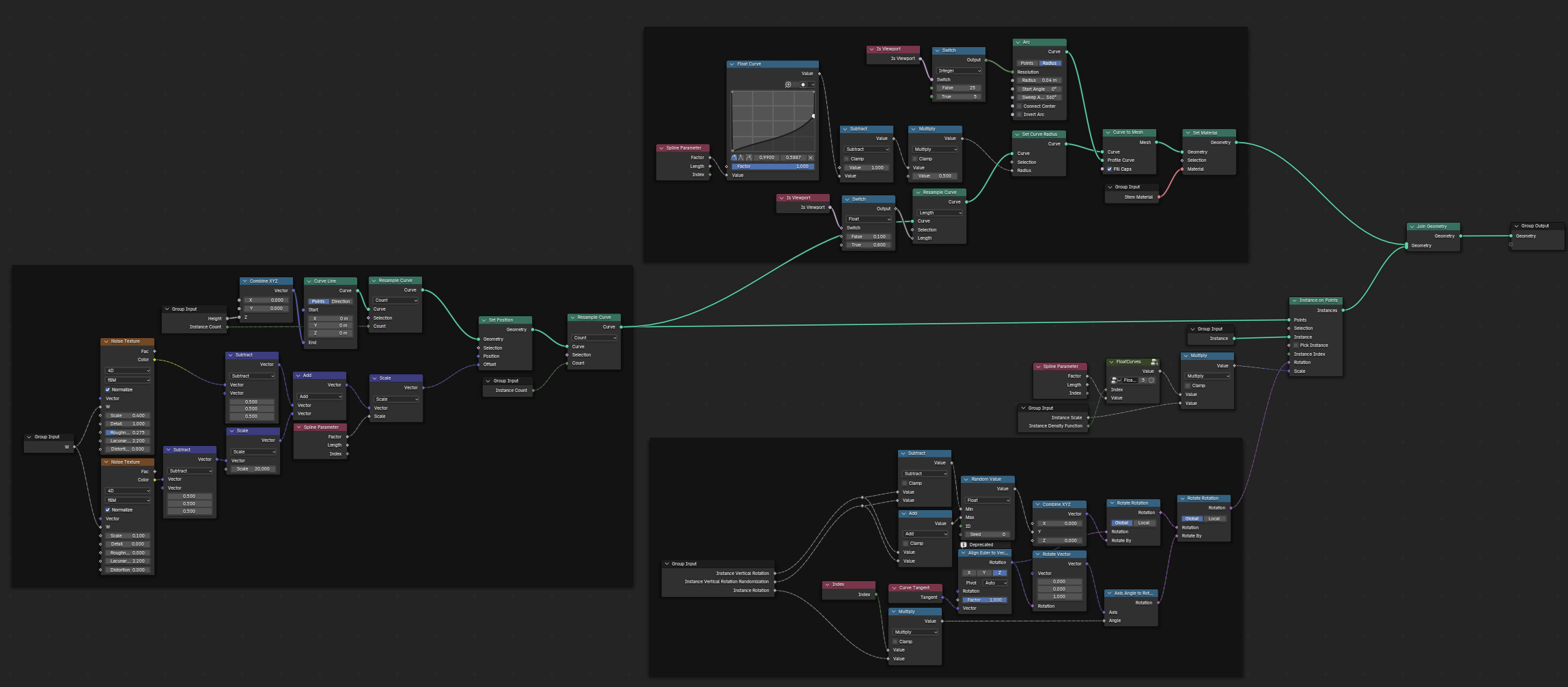 Example of Blender Geometry Nodes setup for plant generation.