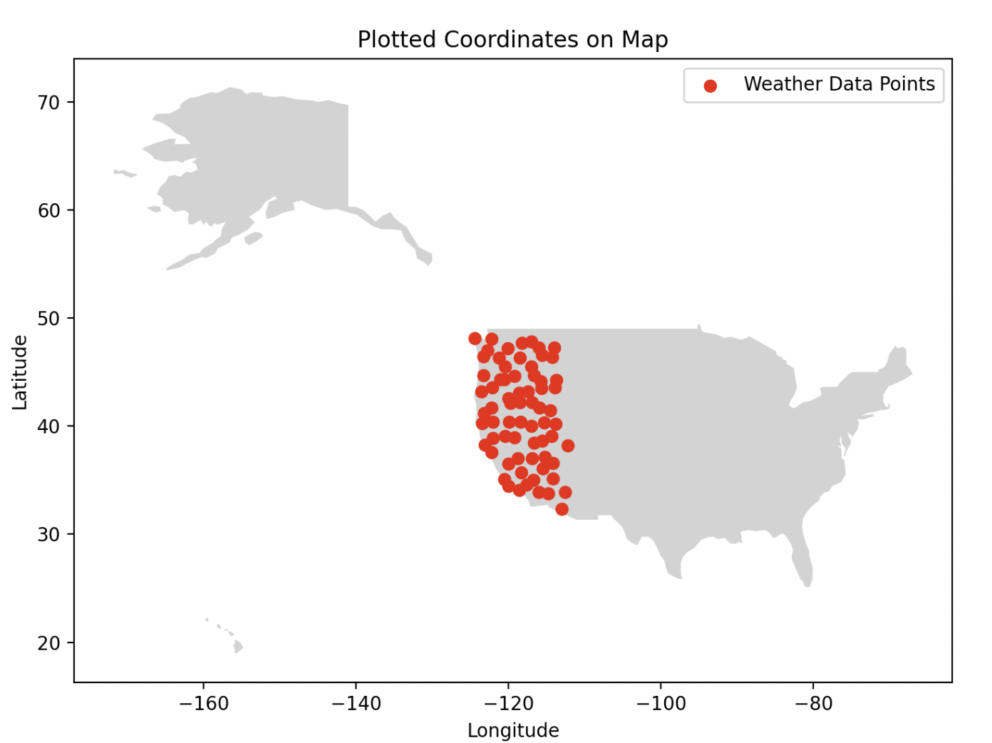 Map of the 145 weather station locations across the western United States used for the multi-location model.